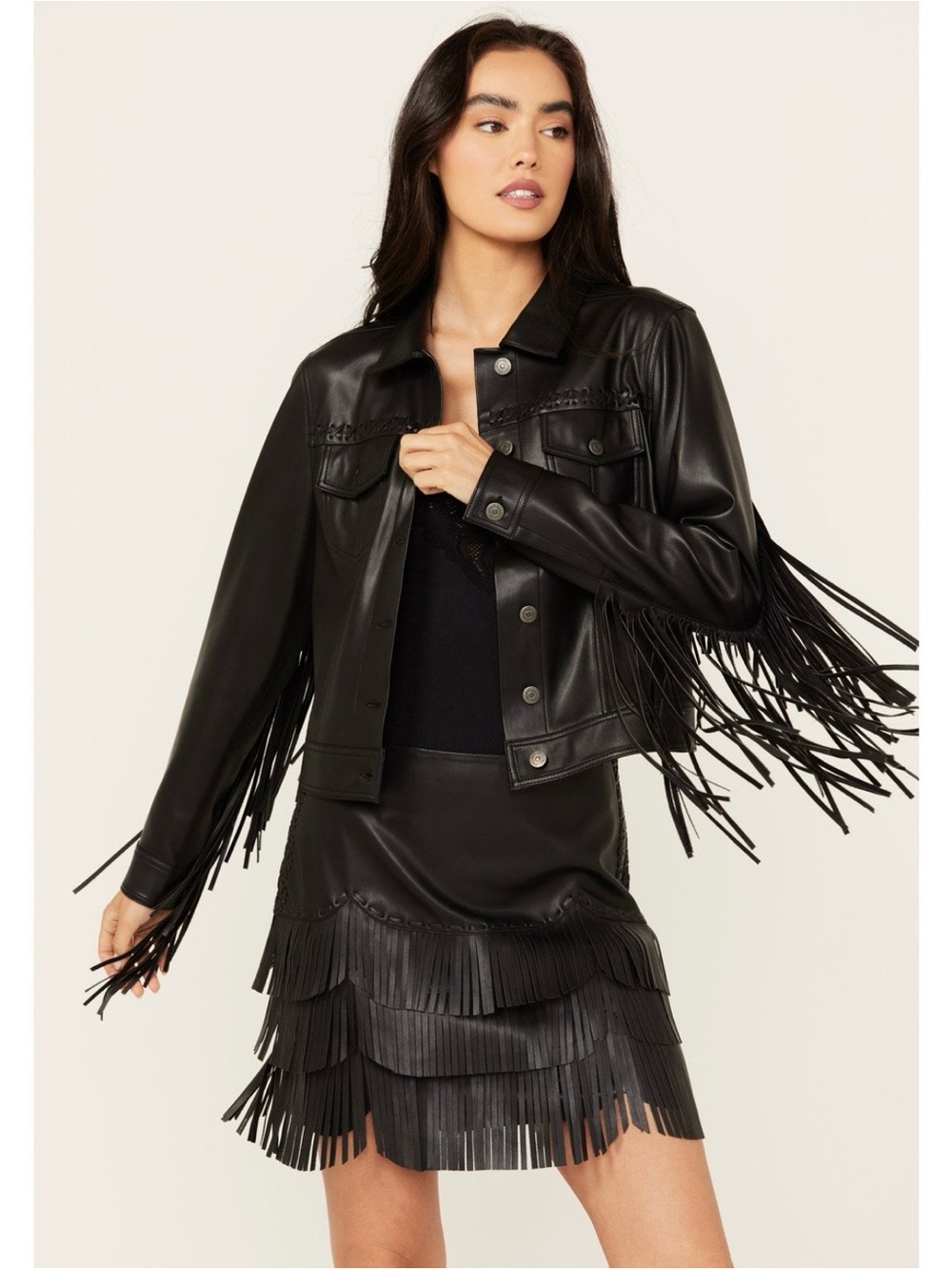 Idyllwind black faux leather fringe jacket